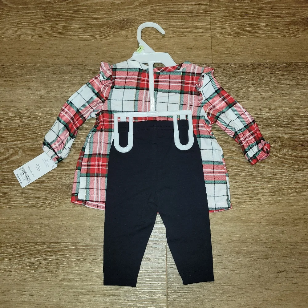 Carter's 2-Piece Set Girls Size 3 Months Tunic and Leggings Red Plaid Black New